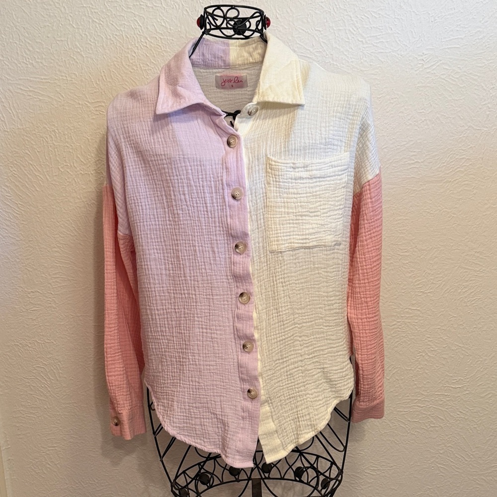 🌈🌈🌈BOGOHO🌈🌈🌈Colorblock Gauze Button-Up Shirt - Pink & Cream-size small
